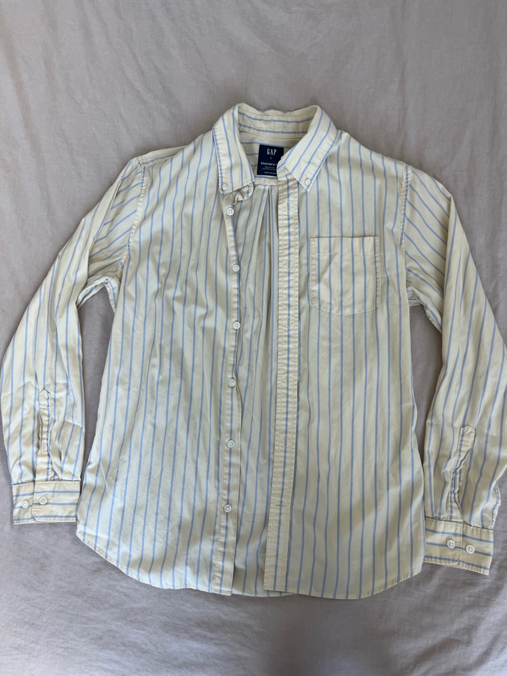 GAP Men's Yellow Button-Down Shirt with Light Blue Stripes